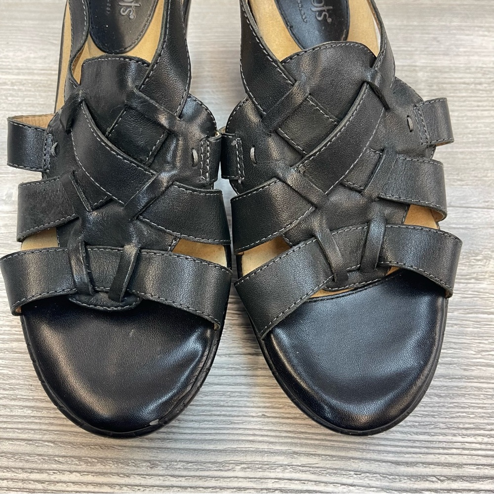 Black Leather Wedge Sandals Pillowtop Comfort Strappy Buckle 9.5W - Picture 2 of 10